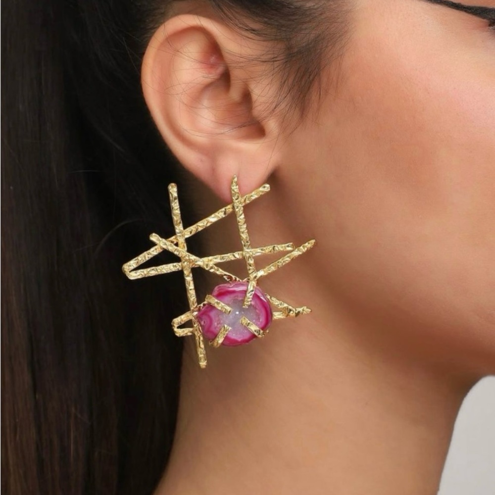 Boho Abstract Stone Statement Earrings - Picture 1 of 15